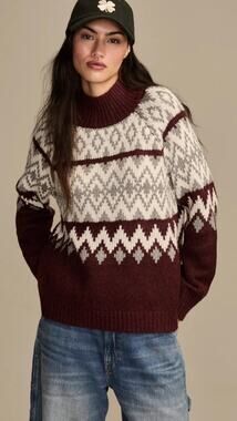 Lucky Brand Fair Isle Mock Neck Sweater Burgundy Heather Relax Women's S